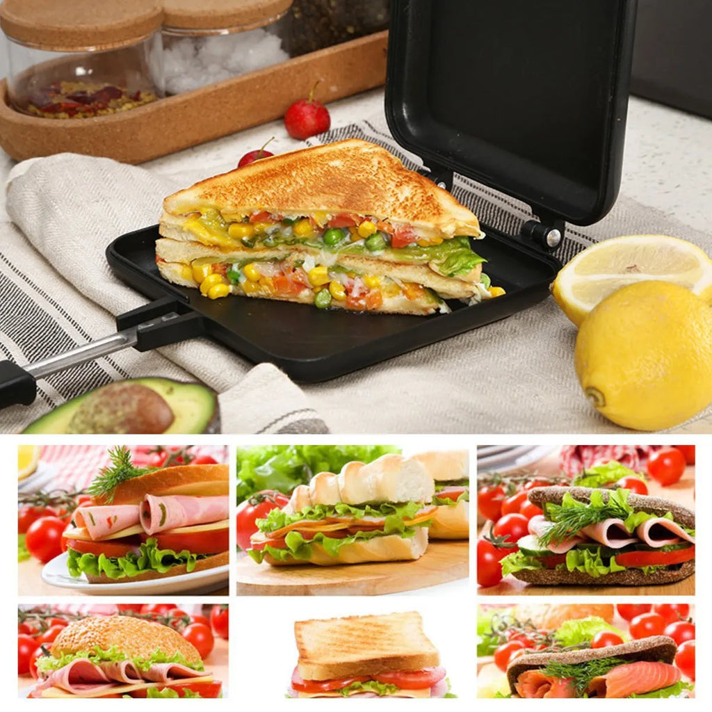 Double-sided aluminium alloy sandwich frying pan with non-stick coating, black, 34x14x4 cm, on induction cooker
