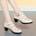 Women's closed toe sandal with chunky heel, woven upper, ankle strap, and back zipper.