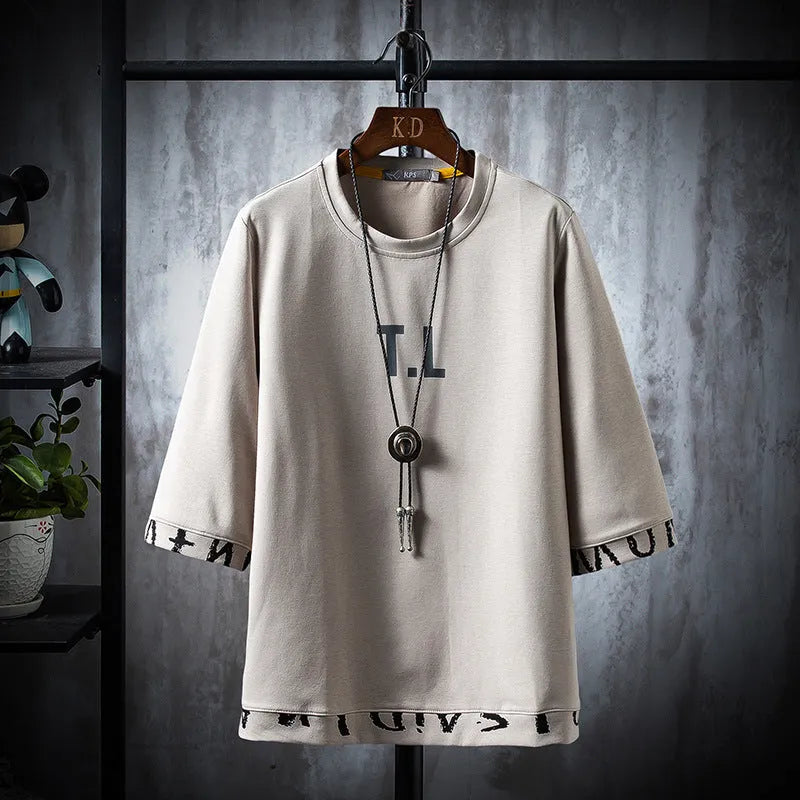 Men's round neck 100% cotton printed t-shirt in black, khaki or white with middle sleeve