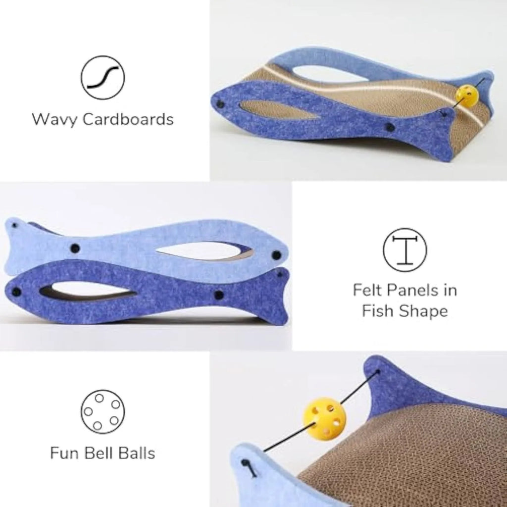 Blue fish-shaped cardboard cat scratcher lounge with bell ball toys on elastic cord