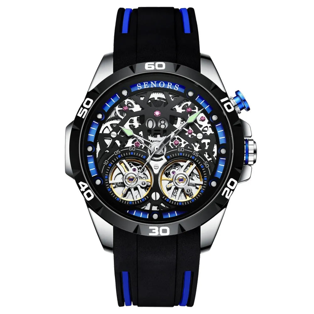 Men's red and blue automatic mechanical watch with luminous hands and hollow skeleton dial on display.