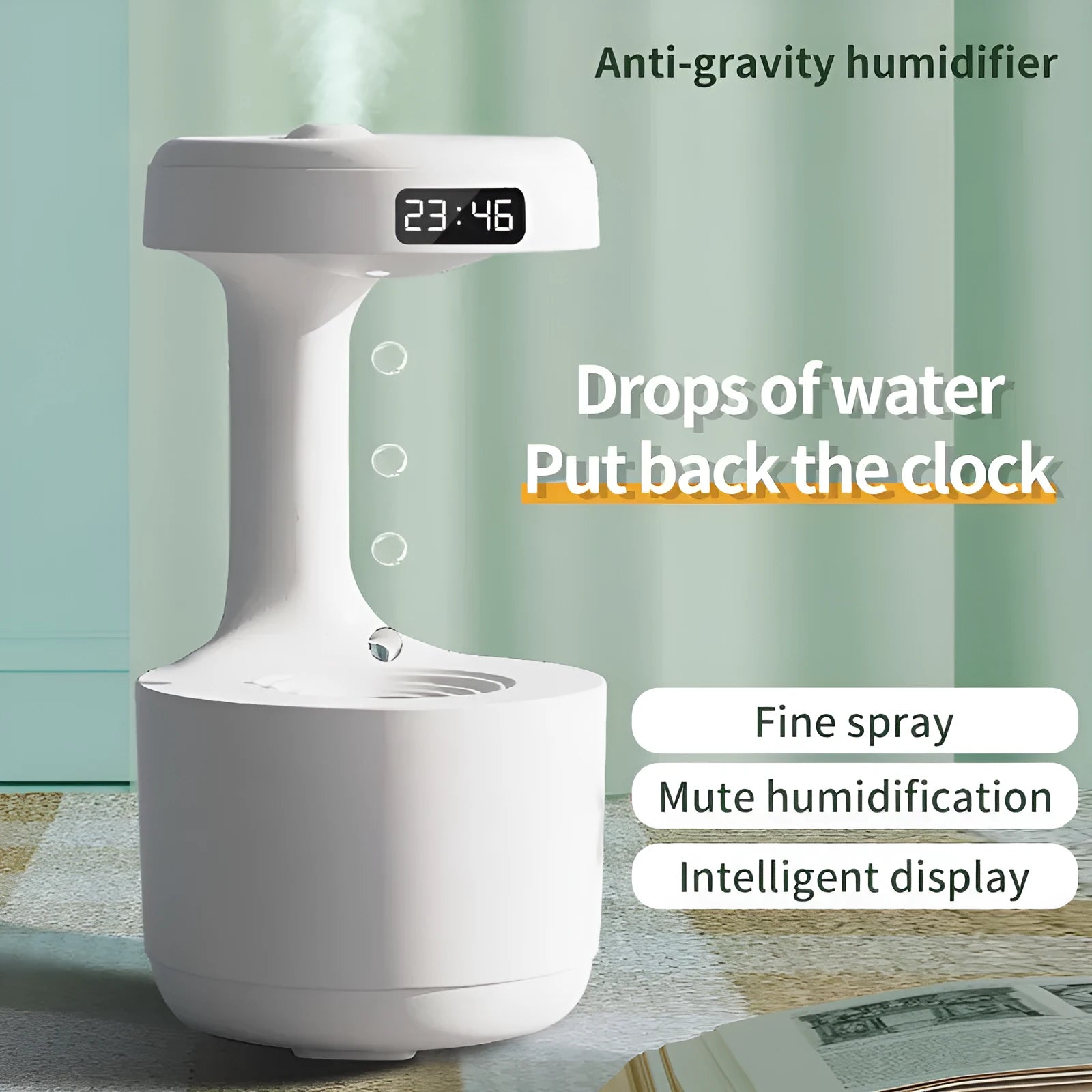 White columnar anti-gravity humidifier on a desk with LED clock display and visible mist.