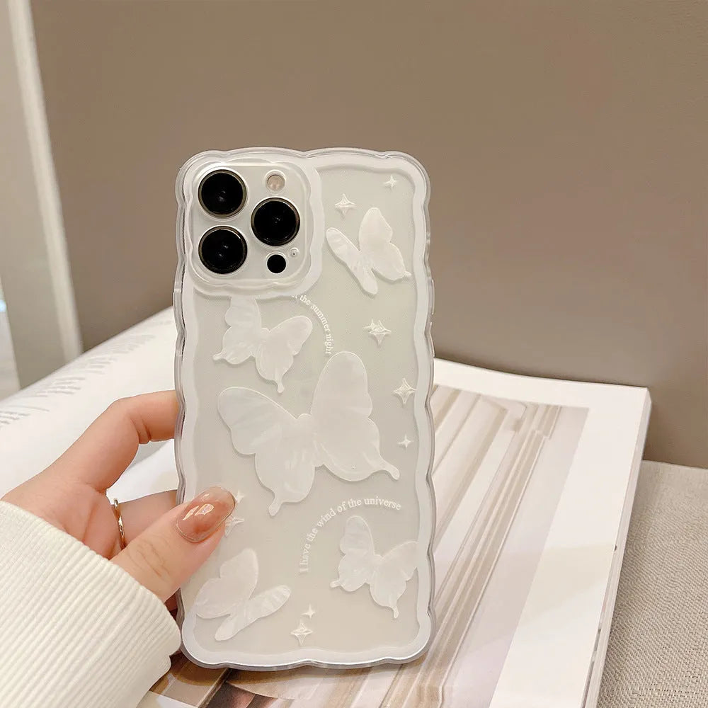 Simple butterfly transparent TPU phone case for iPhone 12-15, white crystal butterfly design