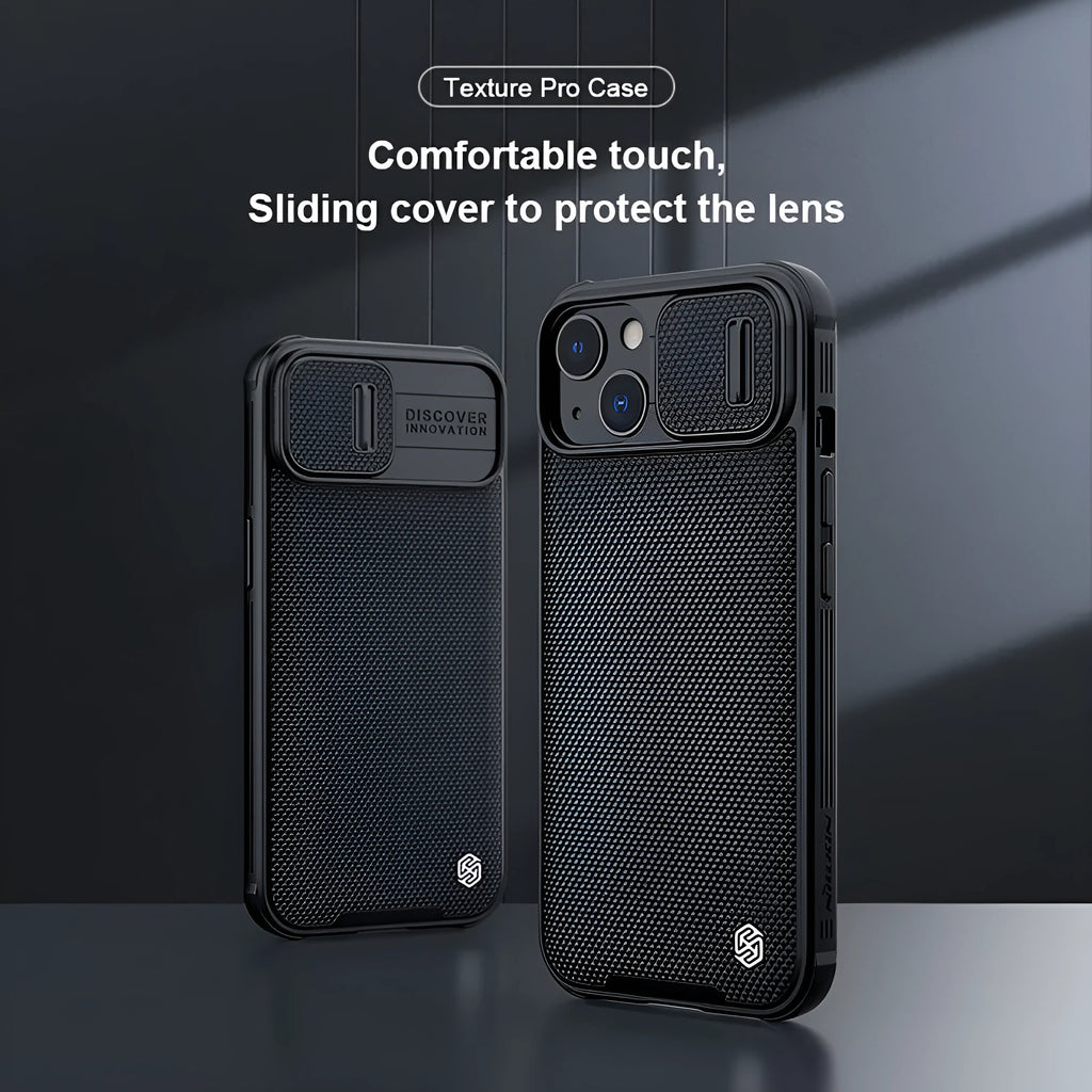 Black textured sliding back cover phone case for Apple iPhone 13 Pro Max.