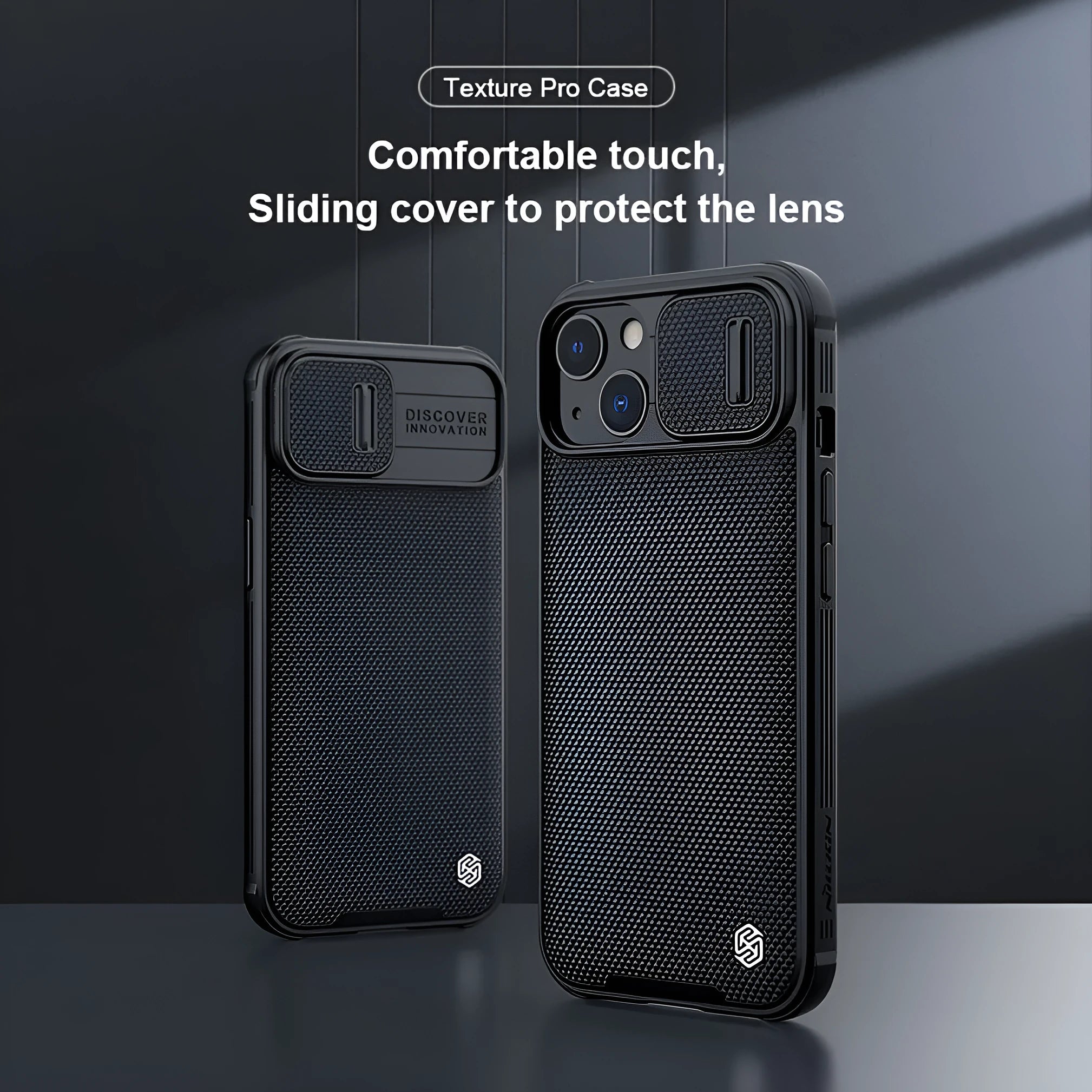 Black textured sliding back cover phone case for Apple iPhone 13 Pro Max.