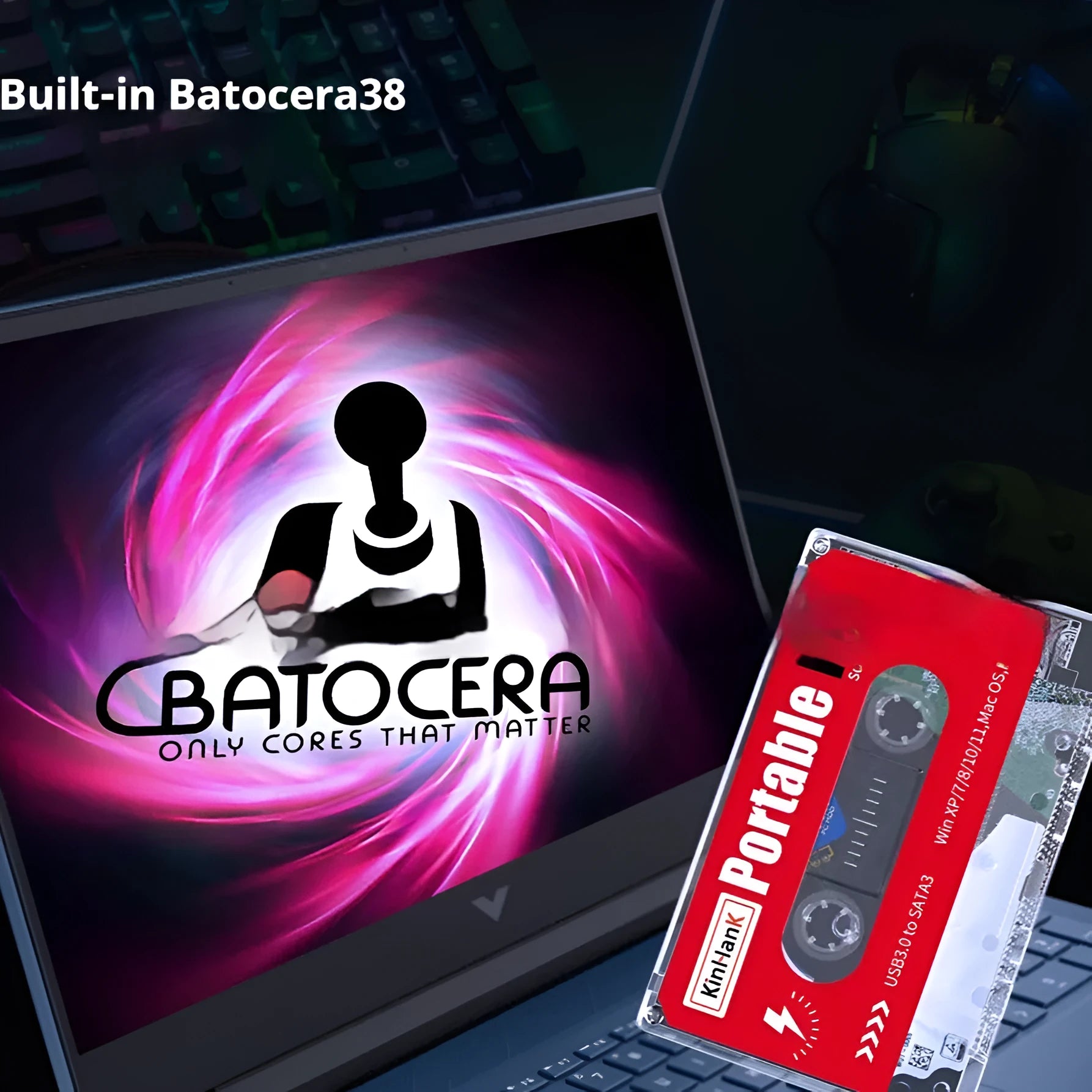2TB external mechanical hard drive with USB cable on a desk