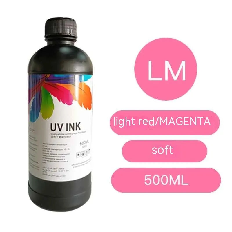 500ml bottle of Epson compatible UV printer ink for flatbed printers, showing colour and hardness options.