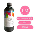 500ml bottle of Epson compatible UV printer ink for flatbed printers, showing colour and hardness options.