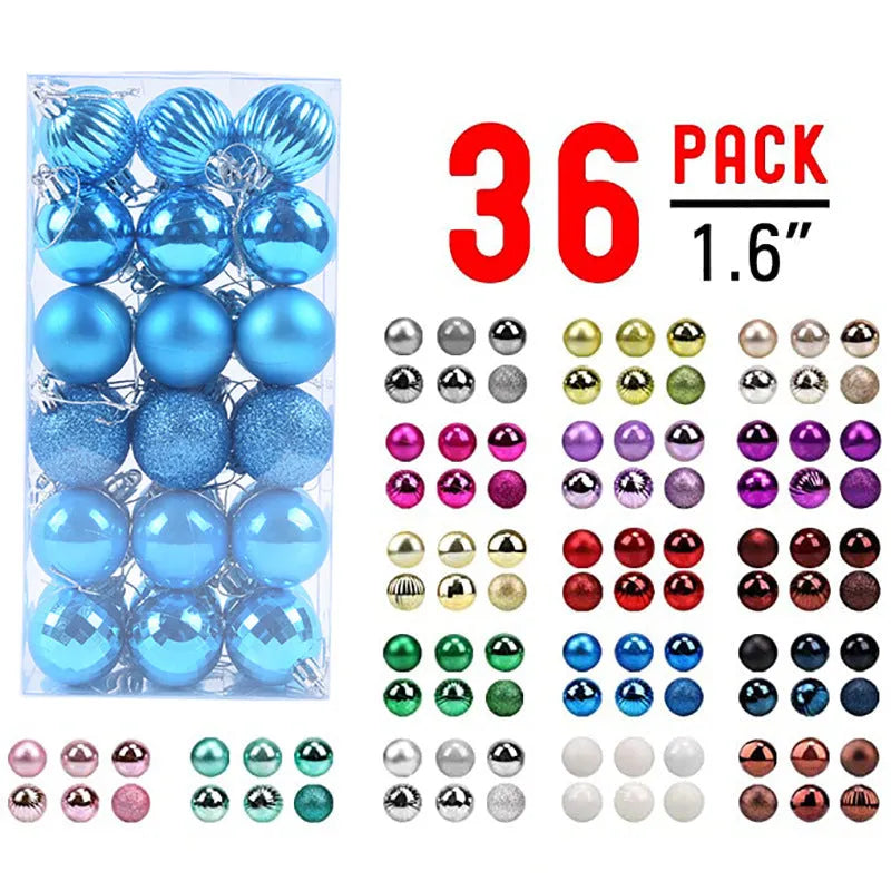 36 Christmas baubles whole box set with 4cm colour balls in red gold silver blue and other festive colours