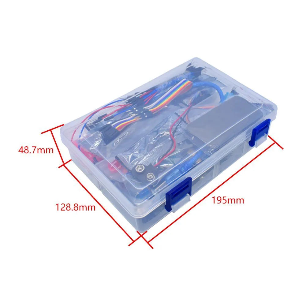 RFID upgraded Arduino starter kit with stepper motor, UNO board, breadboard, LCD and various sensor modules on a table