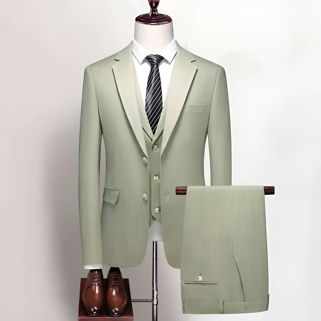 Men's light green 3-piece formal suit set with jacket, vest, and trousers, polyester viscose blend, flat collar
