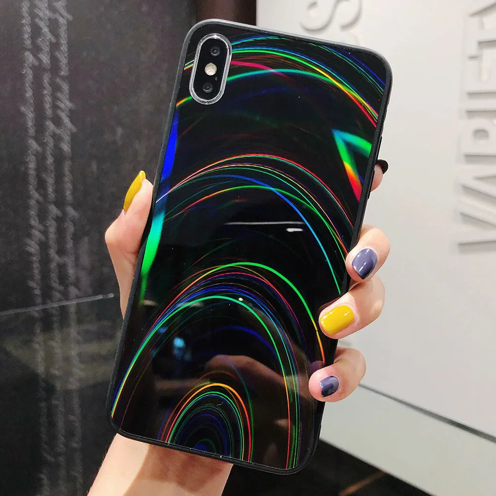 A 3D rainbow glitter gradient back cover case for a smartphone, showing its full-coverage design and sparkling finish.