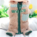 Green fleece dog coat with four-leg jumpsuit design and back zipper closure on a small dog