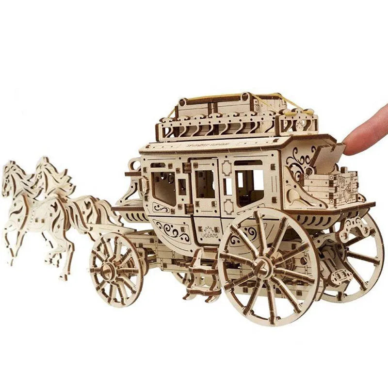 Wooden gear block mechanical transmission model in Stagecoach colour style assembled on a table