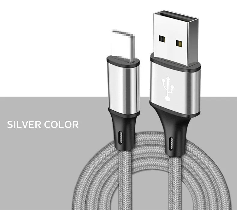 Braided data cable in black, blue, gold, red or silver with Android, iPhone or Type-C connector, 5V/2A, lengths 0.25m to 3m
