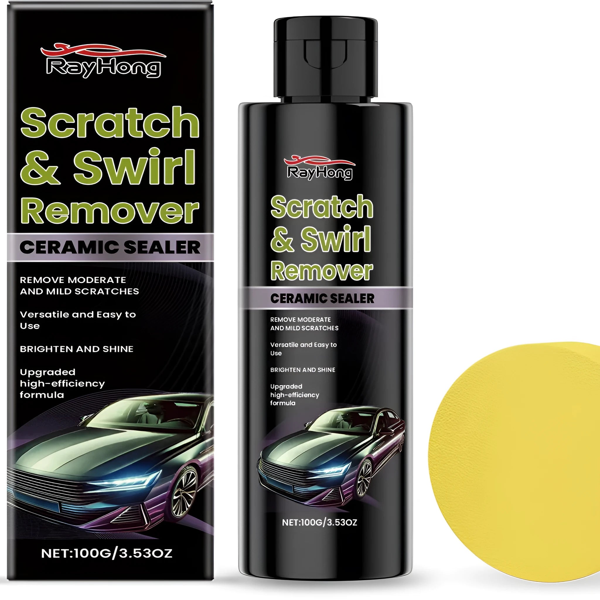 Scratch Swirl Remover 100g bottle and yellow round sponge for car paint correction