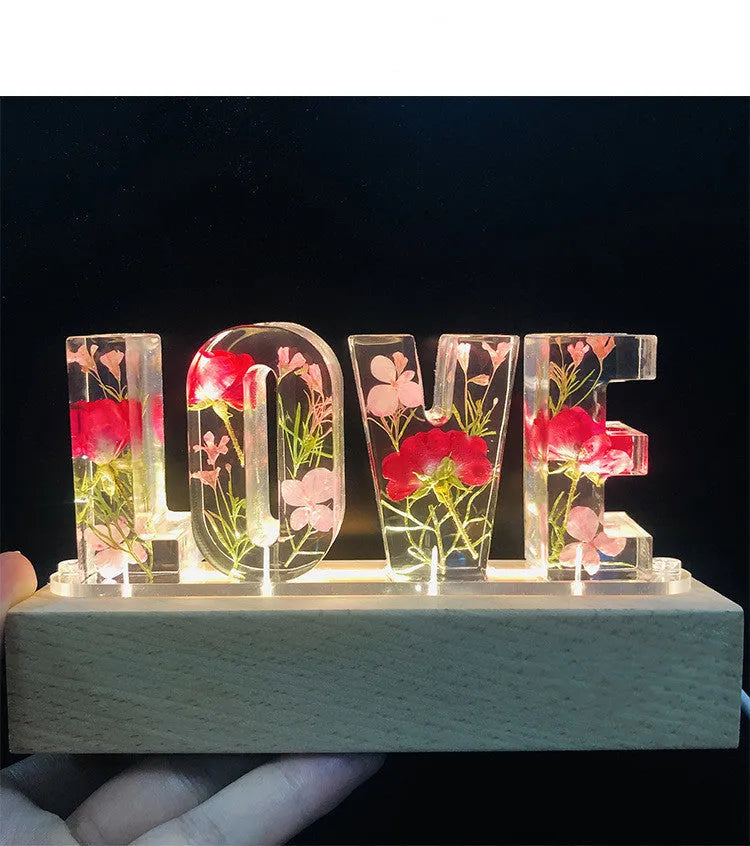 Creative dried flower night light LOVE letter table lamp with wood lampshade, LED warm light, and rose flowers