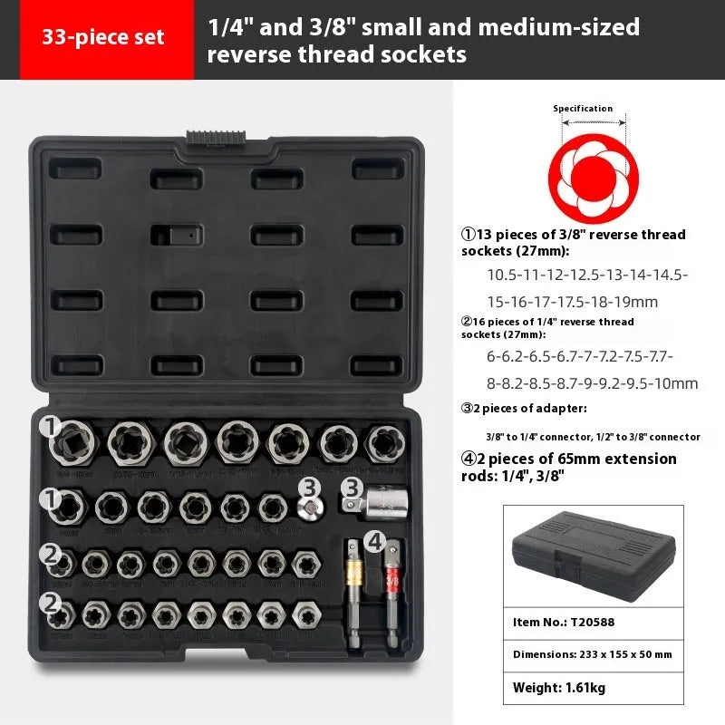 33-piece reverse tooth sleeve screw extractor set in box with chrome molybdenum steel extractors and universal joint
