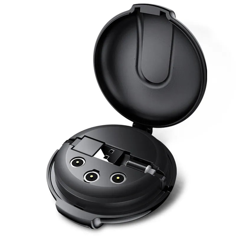 Black magnetic 3-in-1 car phone charger with retractable cable and vehicle mounting patch