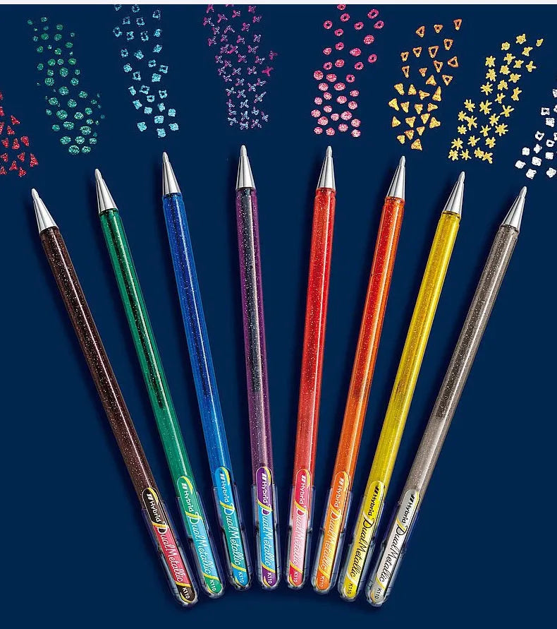Flash K110 1.0mm gel pen with pearlescent glitter ink in eight colour options showing shimmer writing sample