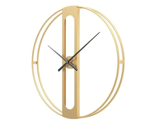 Round metal wall clock with 50cm diameter in black or gold finish on white wall