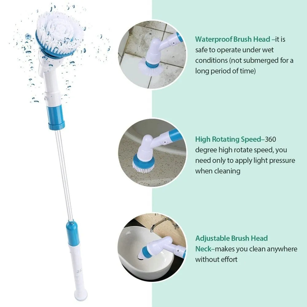 Blue rechargeable electric cleaning brush with retractable handle, three brush heads, and cordless spin scrubber design