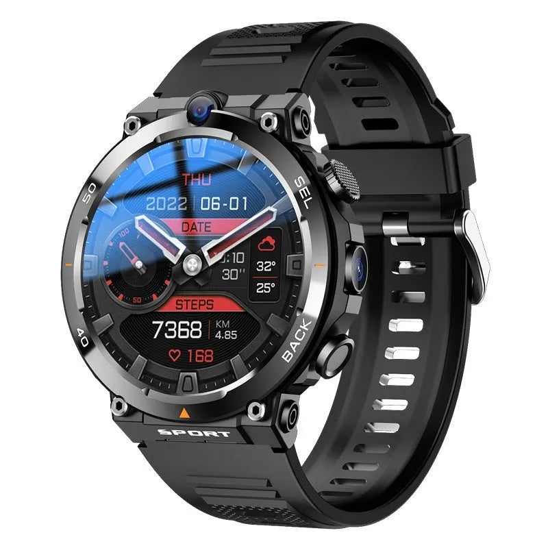 Sports smartwatch with dual cameras, touchscreen display, GPS positioning and heart rate monitoring features
