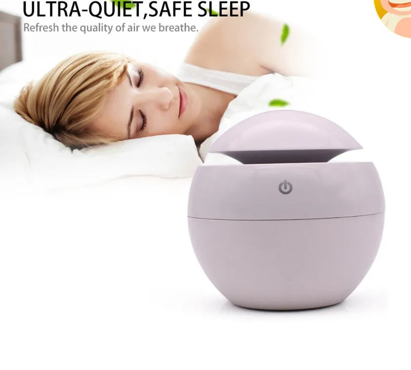 Portable USB ultrasonic atomizer humidifier in white with colorful light, 130ml tank, ABS plastic body