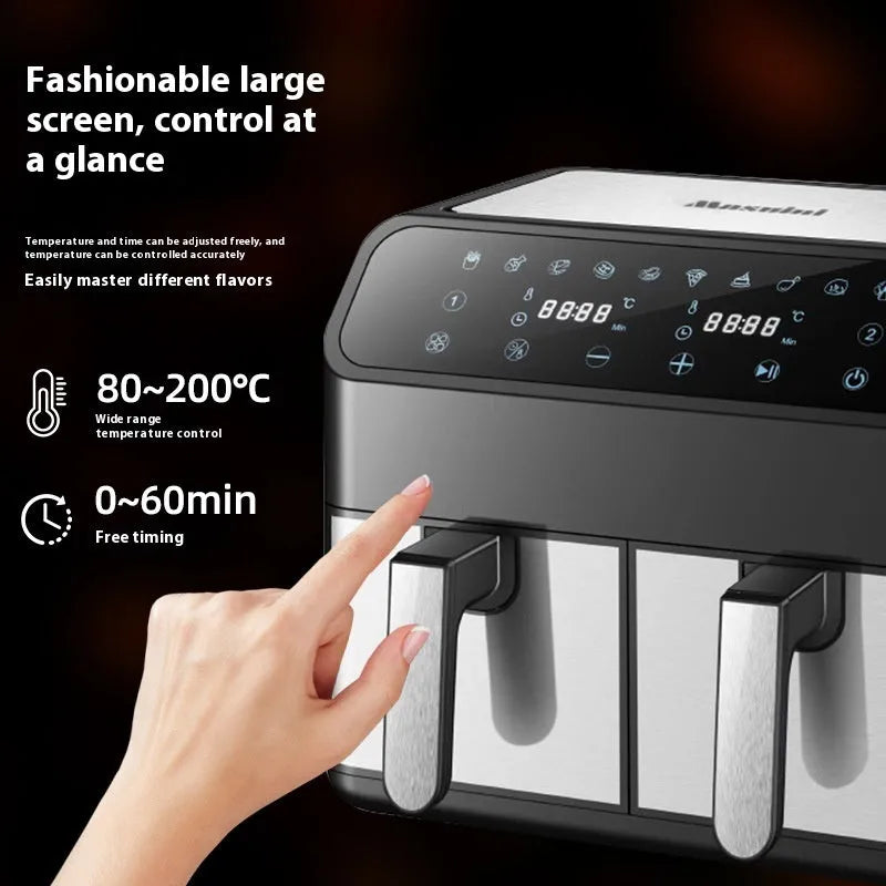 Stainless steel 8L double pot air fryer with UK plug, black controls and non-stick baskets on a kitchen counter