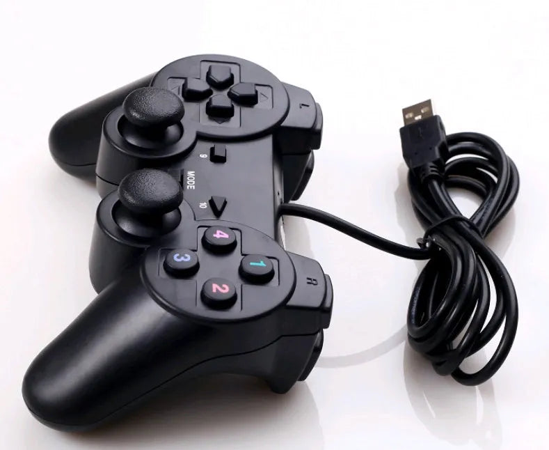 Black USB wired vibration game controller with dual analog joysticks, 12 action keys, and 8-way direction keys, 16 x 9.9 x 6 cm