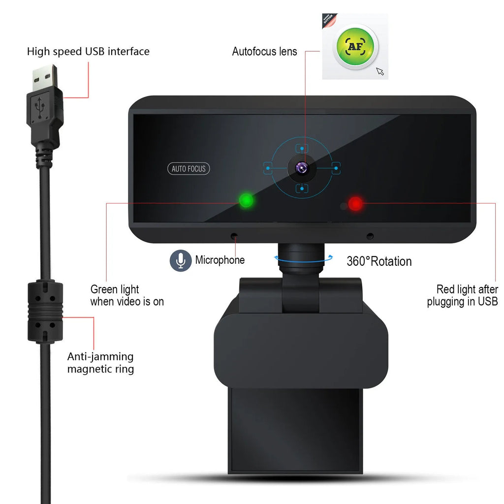 AF black 1080P webcam with auto focus and six-layer glass lens on a desk