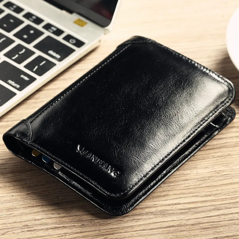 Men's black genuine leather bifold wallet open, showing eight card slots and a zipped coin compartment.