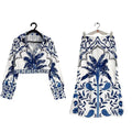Early spring casual fashion set with long sleeve top and long skirt in picture colour.