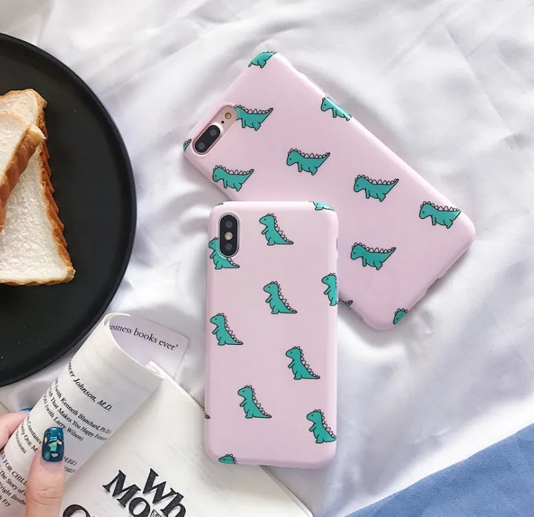 Pink dinosaur iPhone case with bracket, TPU glossy IMD back cover for iPhone 6 7 8 X XS XR
