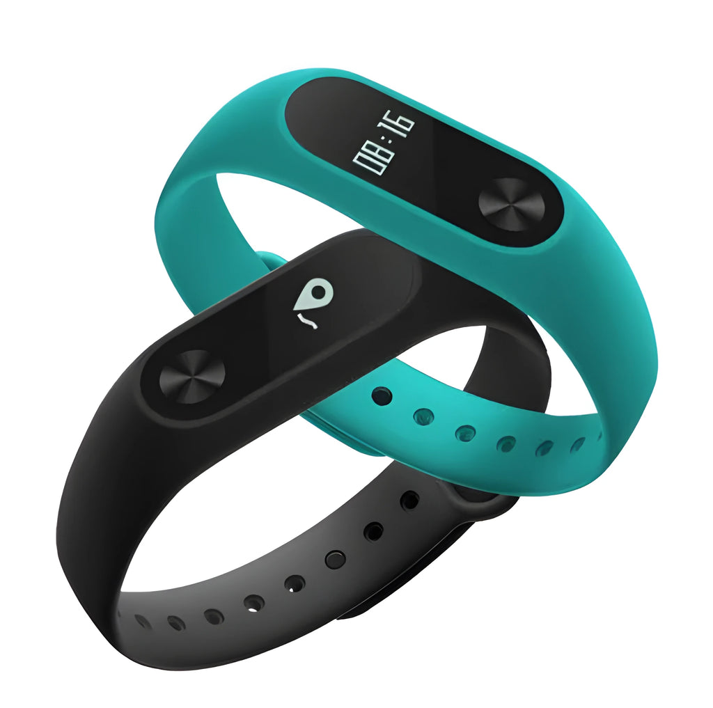Xiaomi Mi Band 2 black fitness tracker on wrist showing OLED display with heart rate reading.