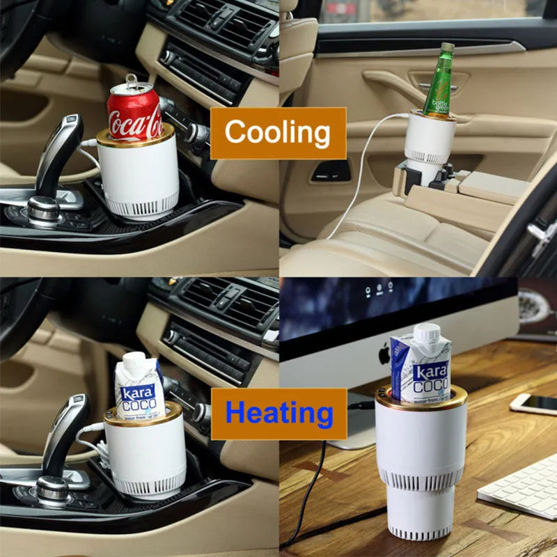 White aluminium car cup holder heater cooler with top ring buttons, resting in vehicle cup holder slot