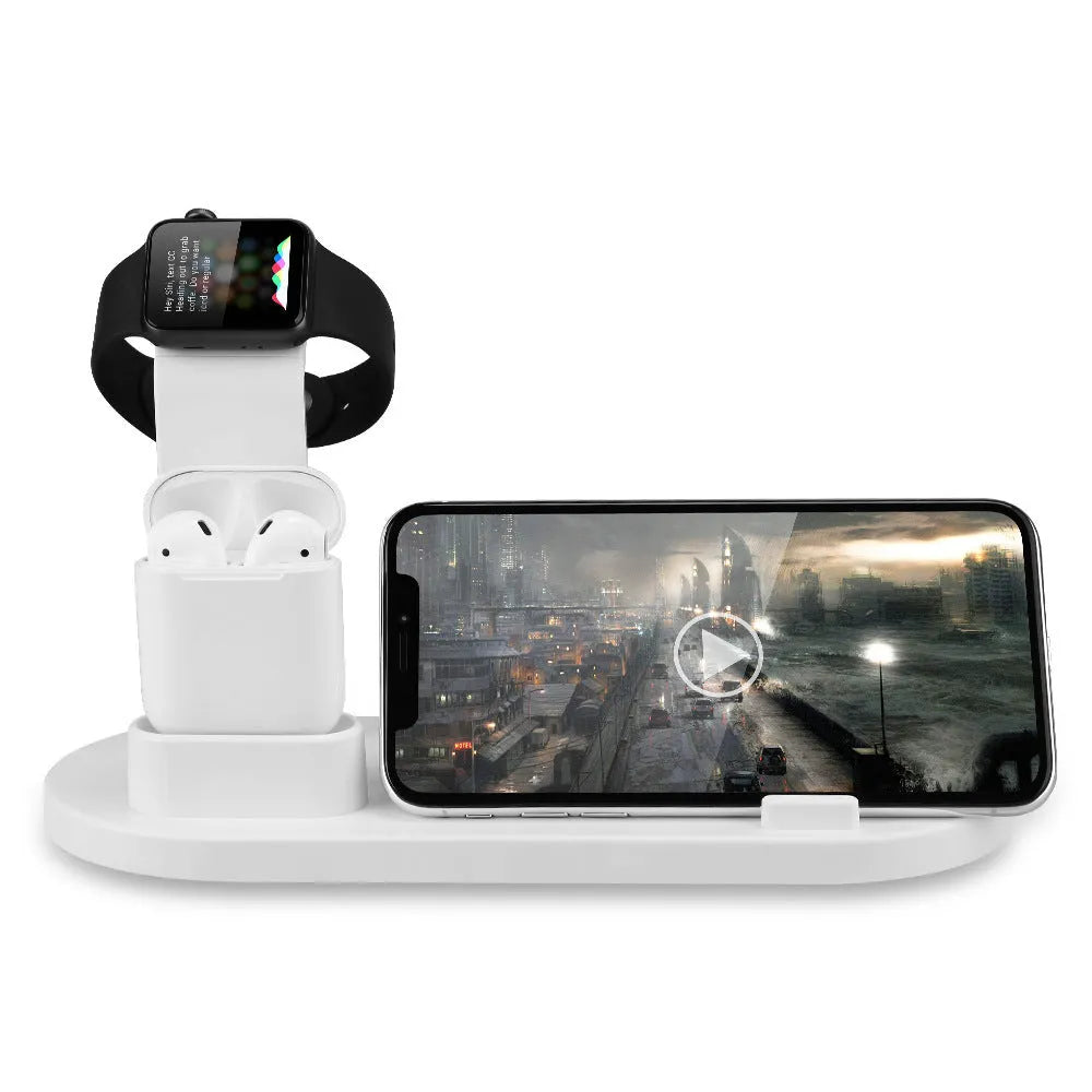 White three-in-one USB charging stand for headphones and mobile phones