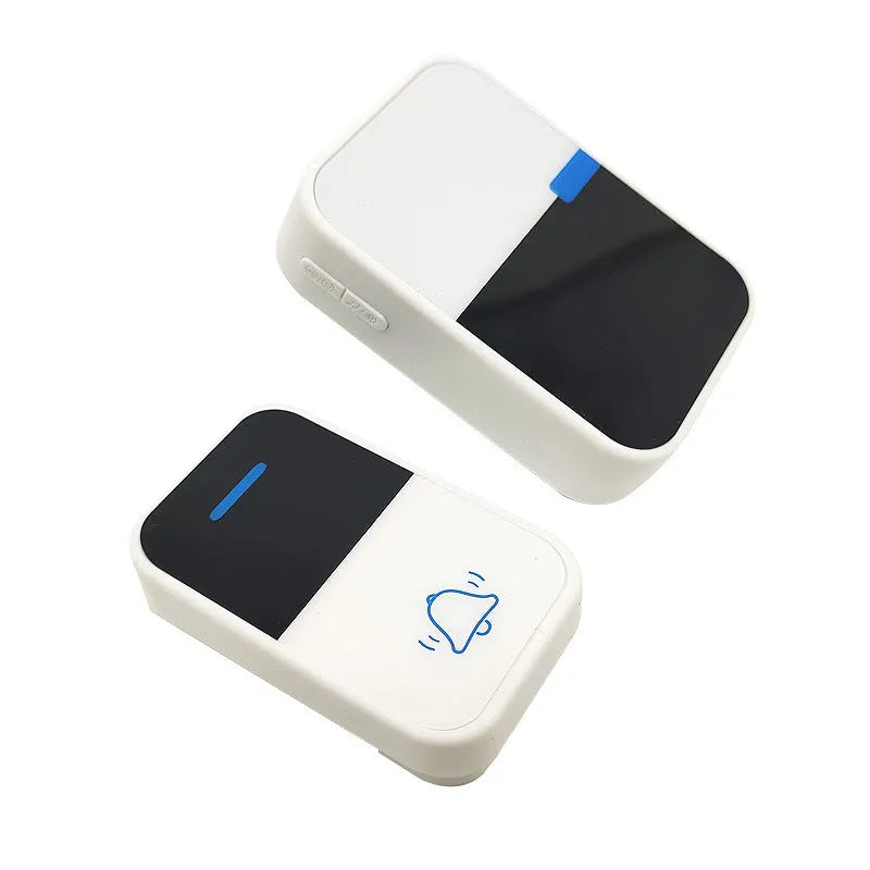 White plastic wireless doorbell kit with plug-in chime and self-powered button, shown with EU and US plugs.