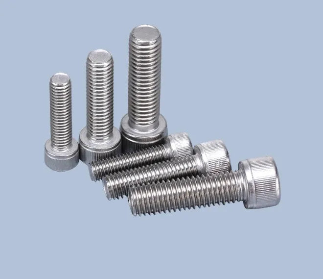 Stainless steel phono cartridge mounting kit with allen bolts, nuts, washers, and two allen keys.