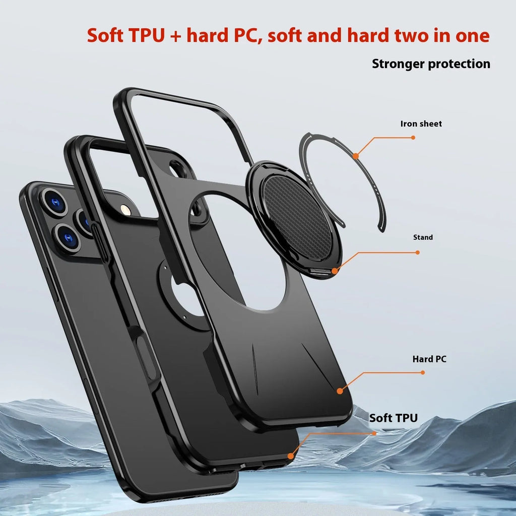Rotating damping magnetic bracket phone case for iPhone 17Pro in black showing kickstand deployed