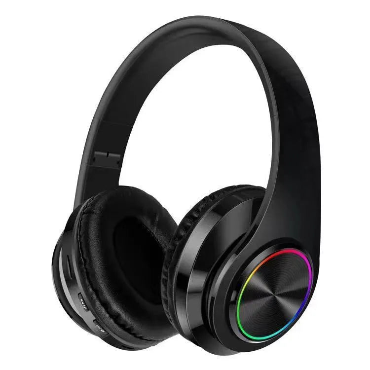 Head-mounted wireless Bluetooth headset in black, white, red, or black and red colours.