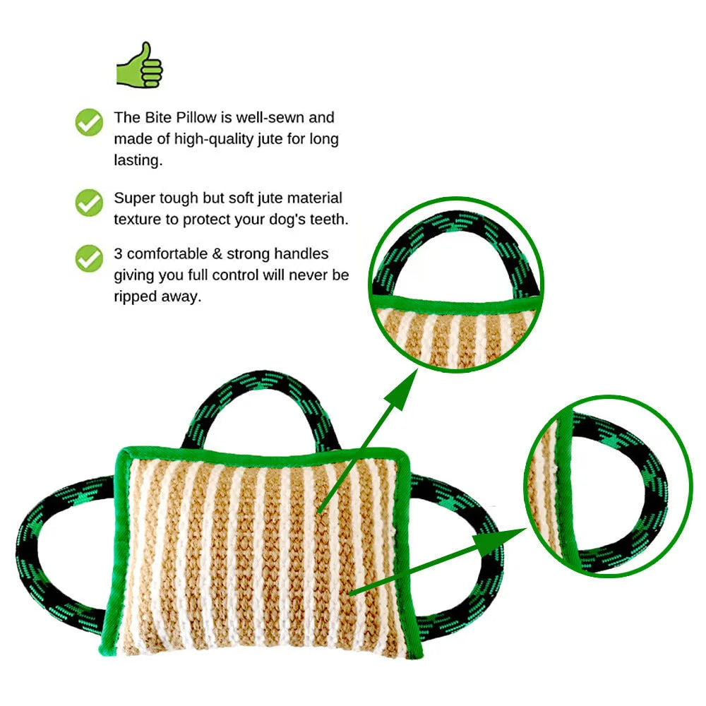Jute dog tug toy with three rope handles in assorted colours on a neutral background.