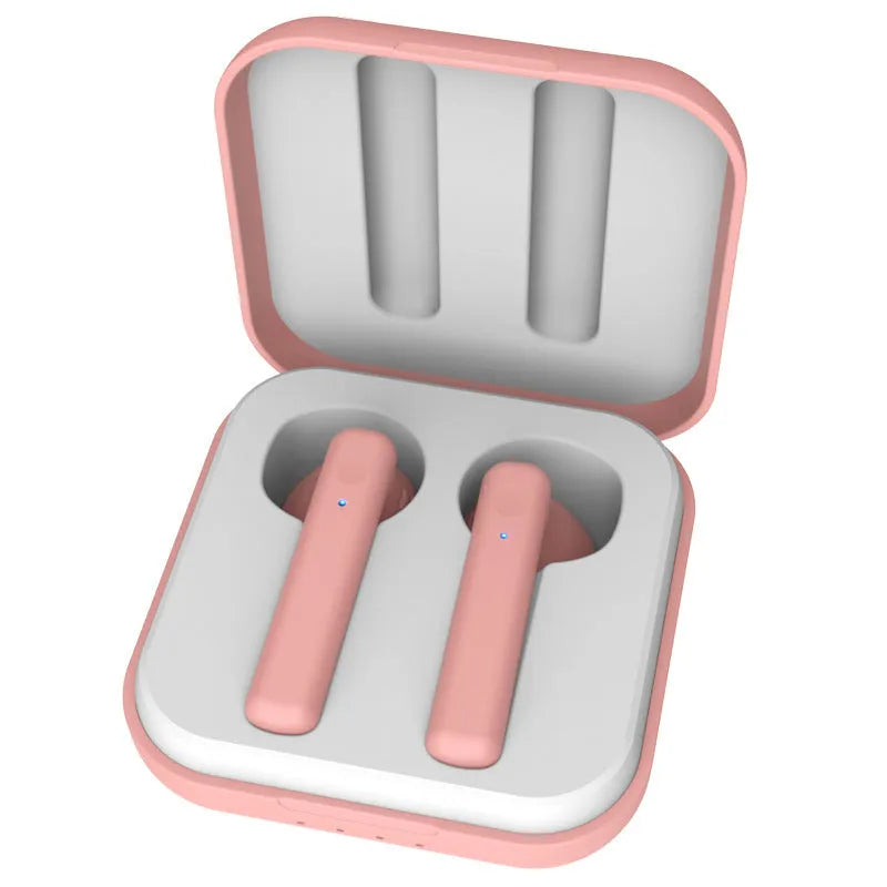 Macaron wireless sports headphones with charging bin in multiple colours including black and pink against white background