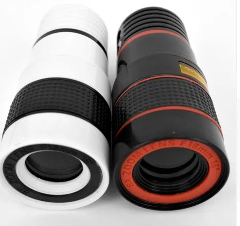 12x magnification phone telescope with adjustable clip attached to a mobile phone for long-distance viewing.