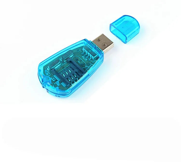 Blue mobile phone SIM card reader with USB 2.0 connector for computer data transfer