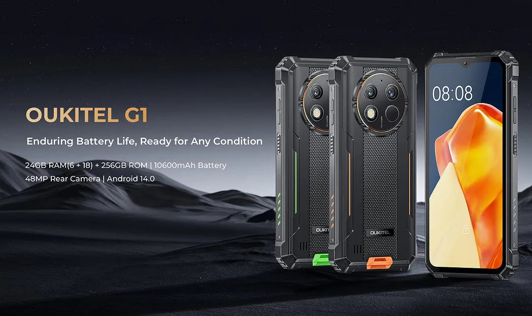 OUKITEL G1 mobile phone in grey, green, or orange colour options