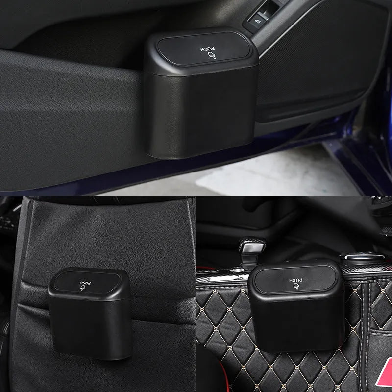Black ABS plastic car trash can measuring 160x143x85mm with removable hook and upturned lid