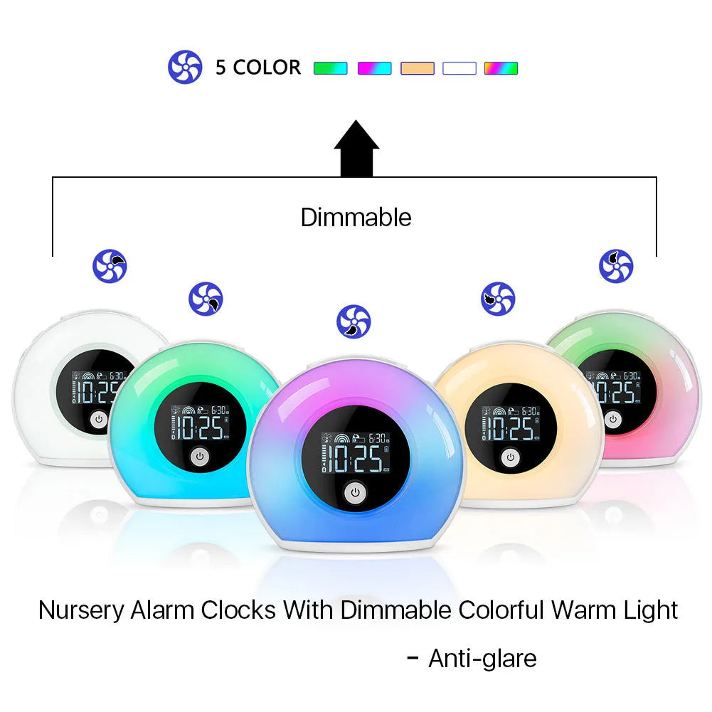 Digital music alarm clock with VA LCD display, Bluetooth 5.0 speaker, and fluorescent lighting effects in colourful mode