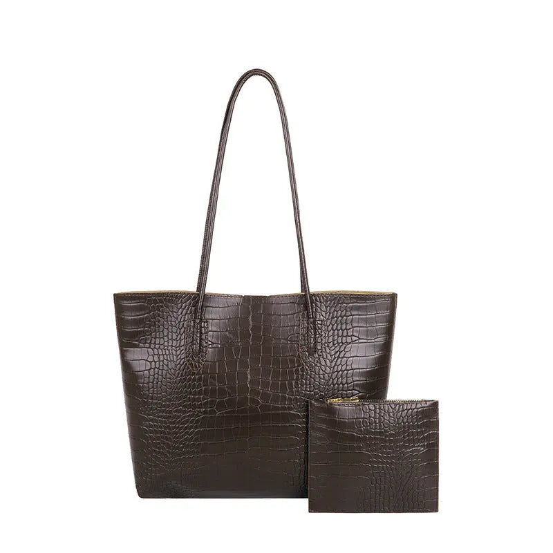 PU crocodile pattern shoulder messenger bag in brown with double connector strap, square vertical shape, and rhombus element