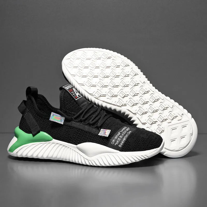 Men's breathable casual mesh shoes in black with flying woven upper and rubber sole